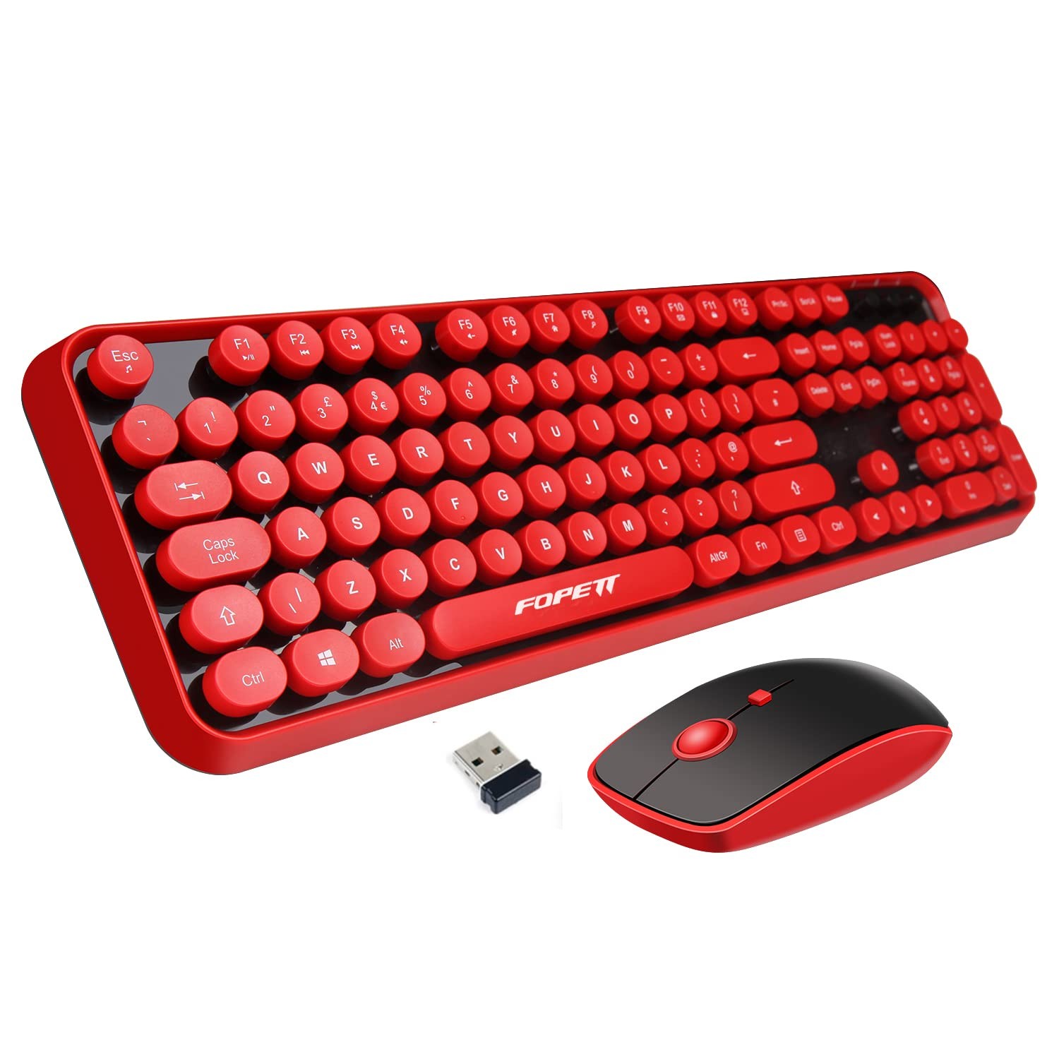 FOPETT Wireless Keyboard and Mouse Combo, 104 Keys FullSized 2.4 GHz Round Ke...