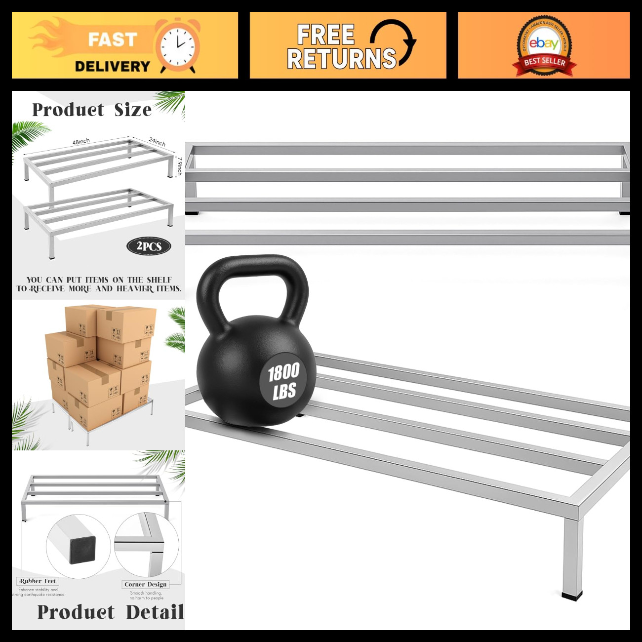 2 Pack Heavy-Duty Dunnage Rack 48"x24" - Elevated Storage, 7.9" Height, Commerci