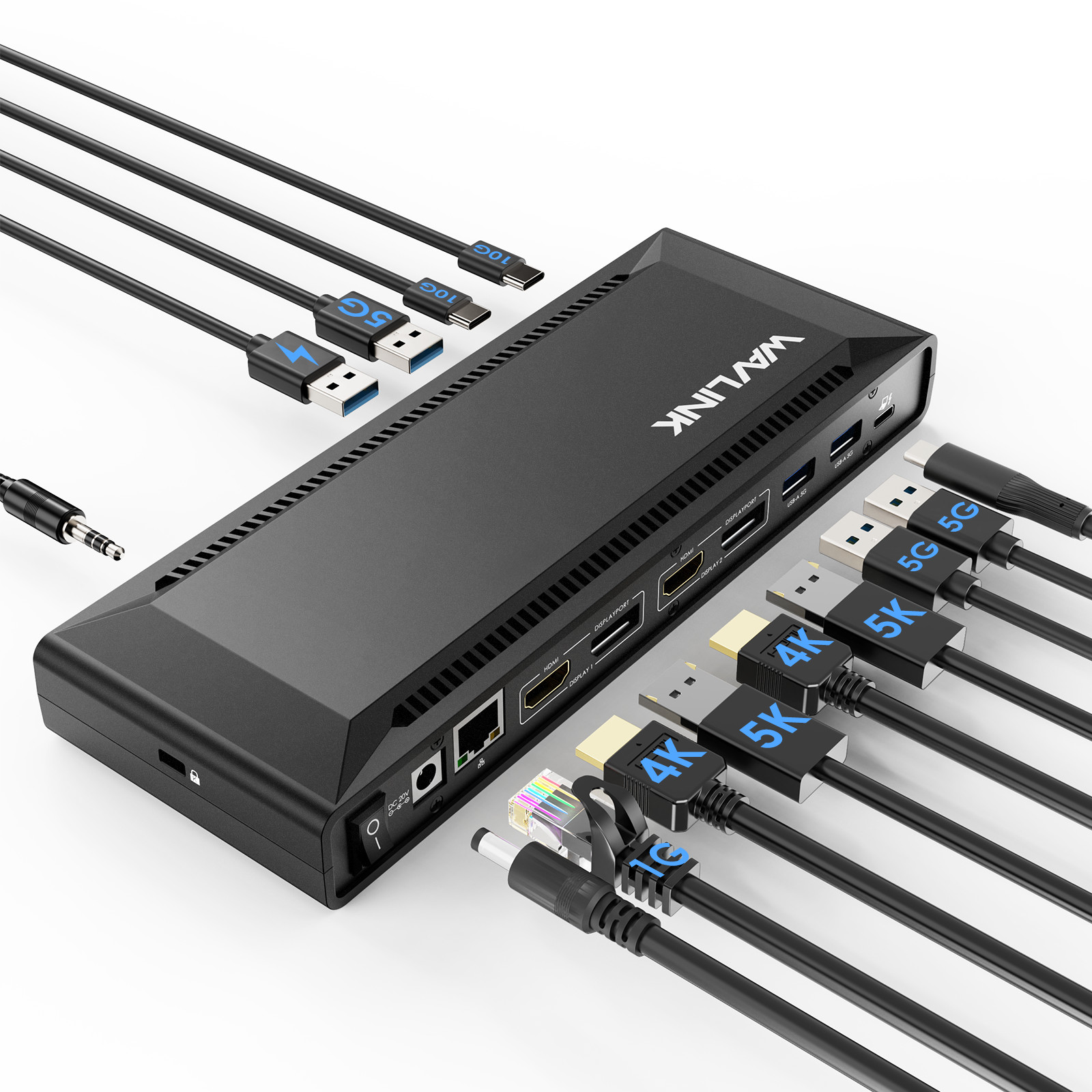 Dual DP 5K DisplayLink Docking Station 2 Monitors 100W Power Delivery RJ45 2HDMI