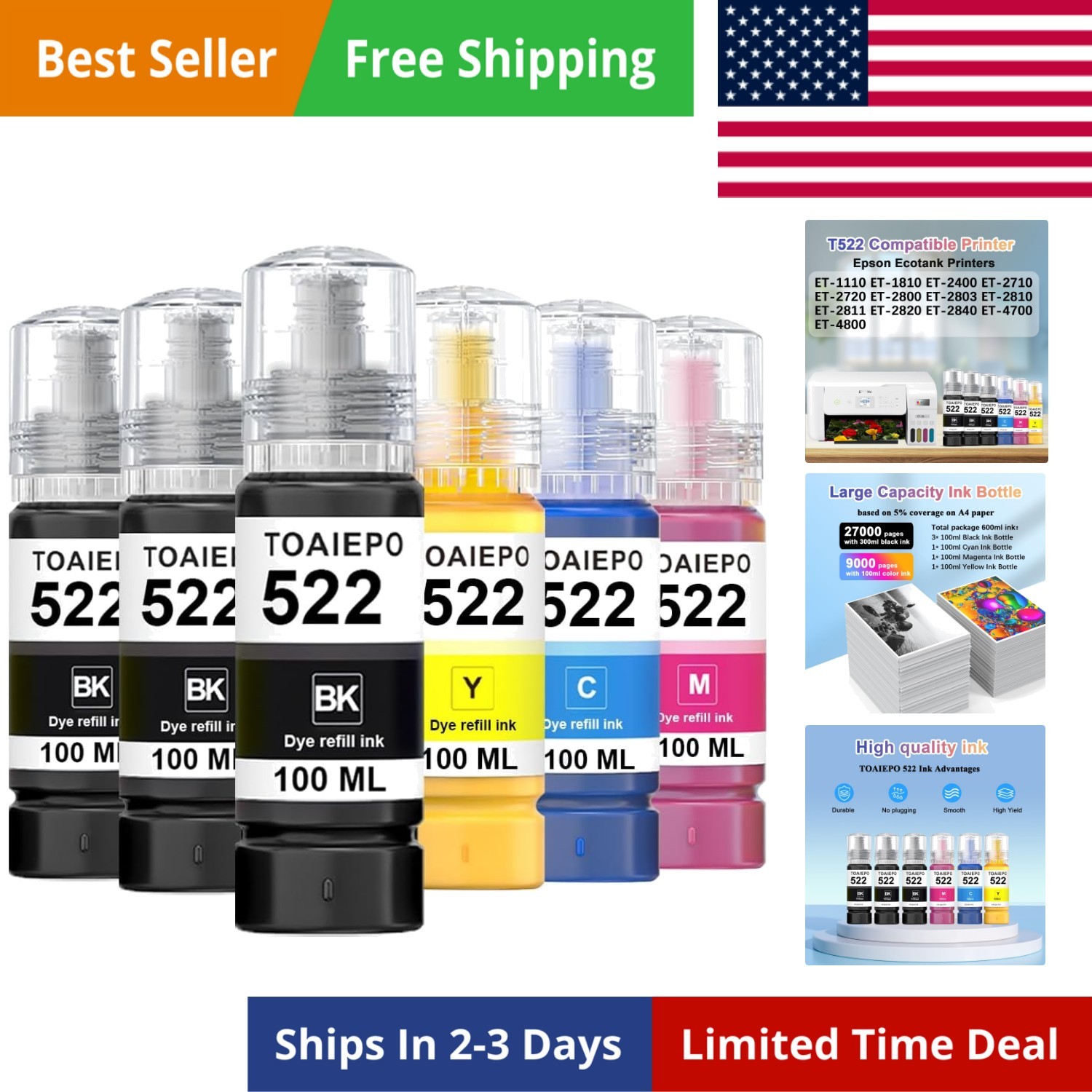 522 Ink Refill Bottles Replacement for T522 Ink Work with ET-2710,ET-2720, ET...