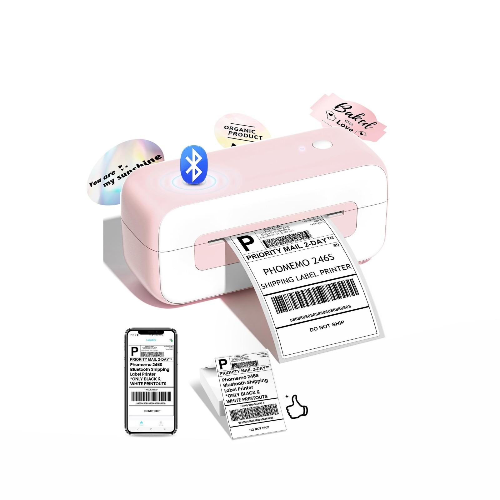 Compact Bluetooth Thermal Shipping Label Printer - 4x6, Pink, Easy Setup, Fast P