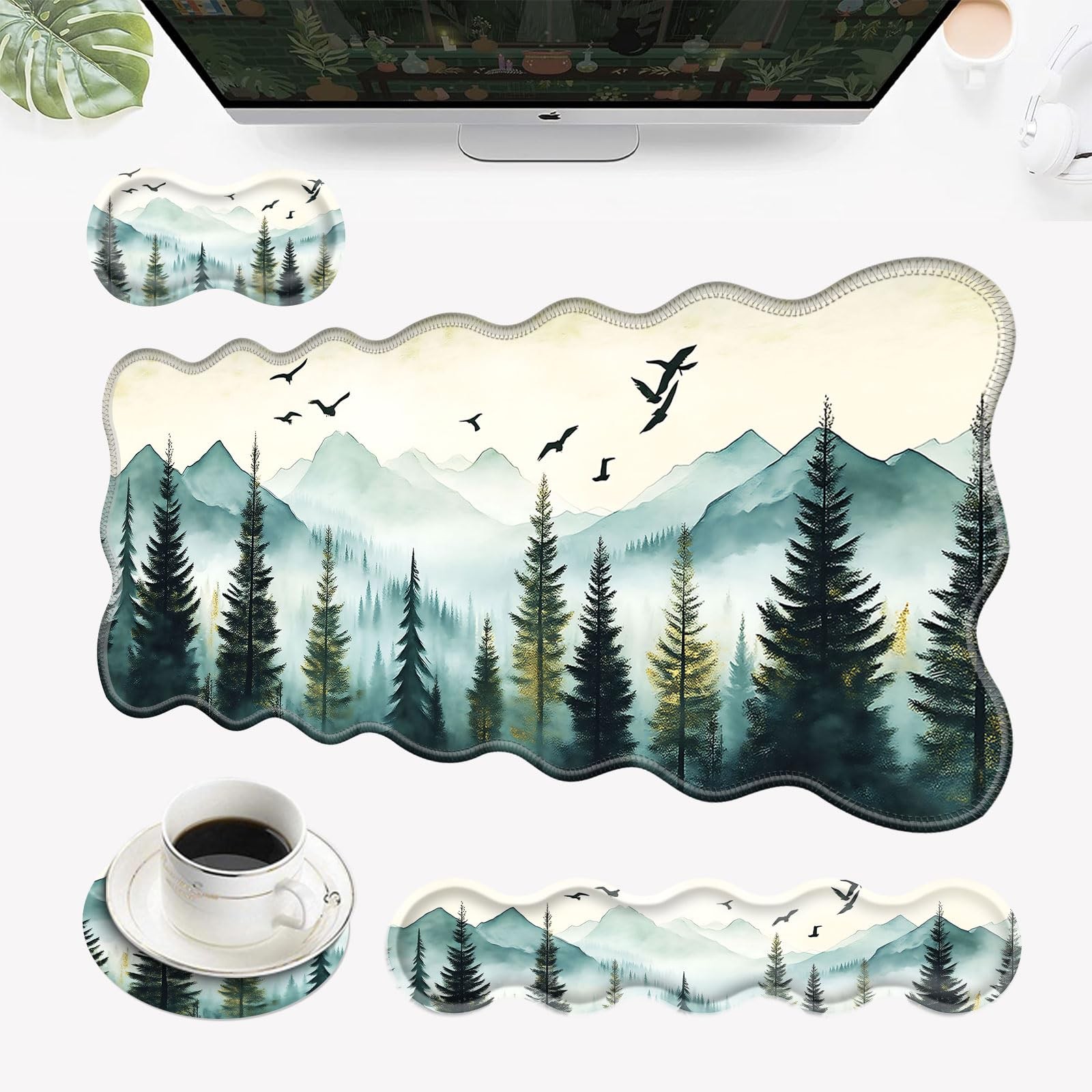 4In1 Large Desk Mat Mouse Pad Wrist Rest Ergonomic Misty Forest Mountain