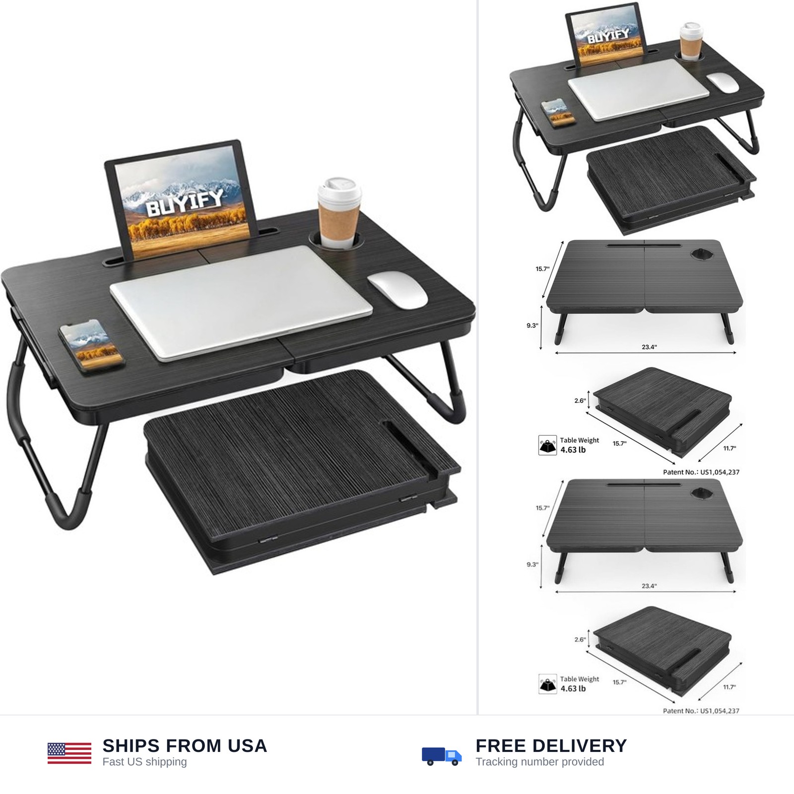 Foldable Lap Desk 23.4" Laptop Table Bed Tray Cup Holder Black