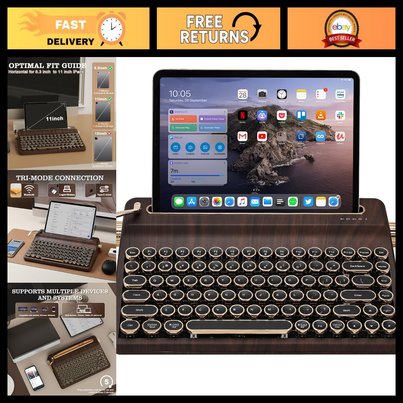 Retro Typewriter Hot Swap RGB Mechanical Keyboard - Wood Finish, Onyx Switches