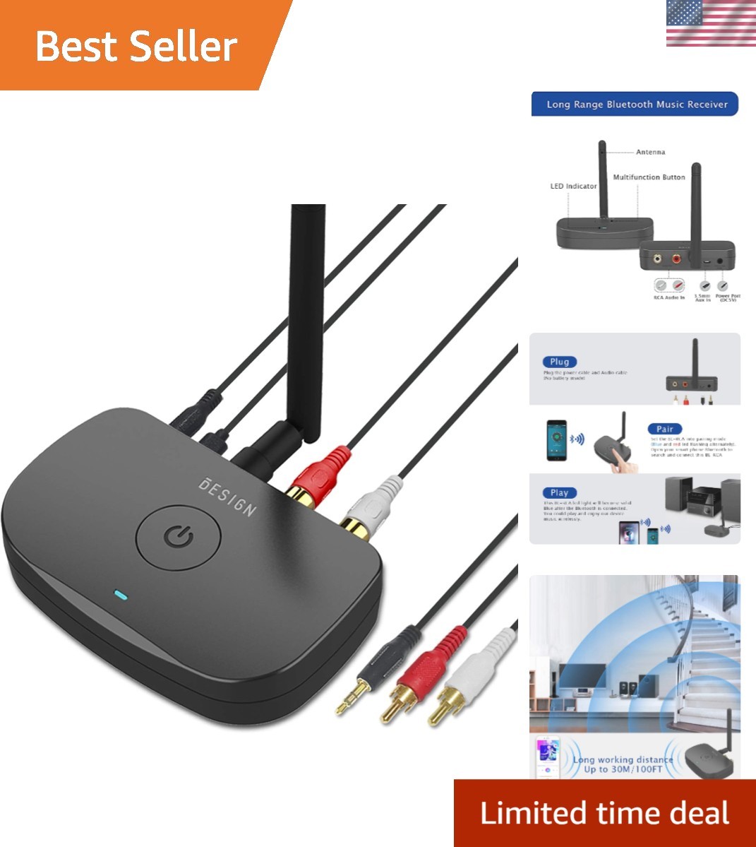 BE-RCA Long Range Bluetooth Music Receiver - Upgrade Your Wired Speakers Black