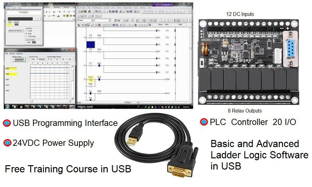PLC Programmable Controller 24V, Migro Industrial Logic Programming Software USB