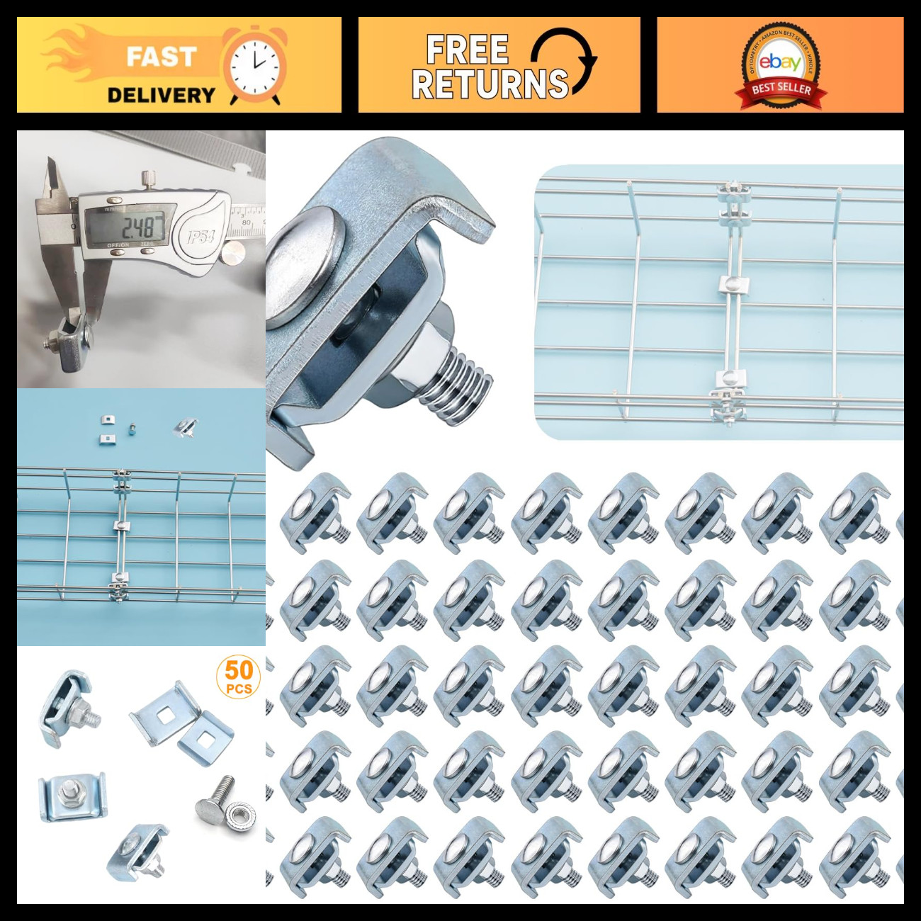 50 Pack Cable Tray Coupler Kit, Steel Bracket Connectors for 4mm-6mm Cables