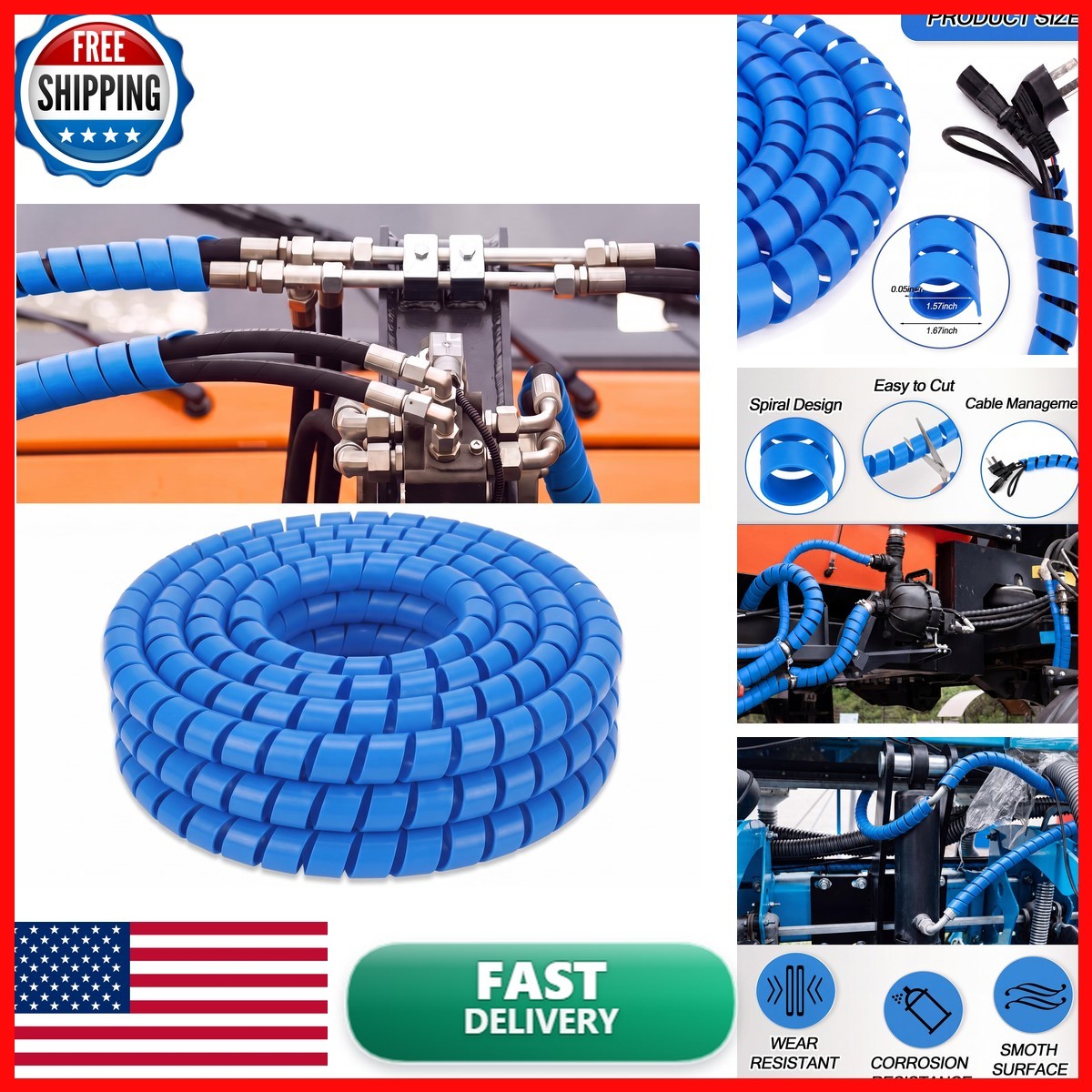 Pangda 25Ft Hydraulic Hose Protector 1.25 Inch Spiral Hose Wrap Cover Blue