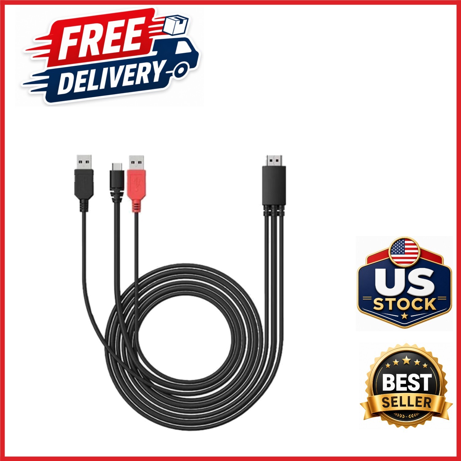 Black 3-in-1 Cable for XP Pen Artist Tablets Data Transfer Solution