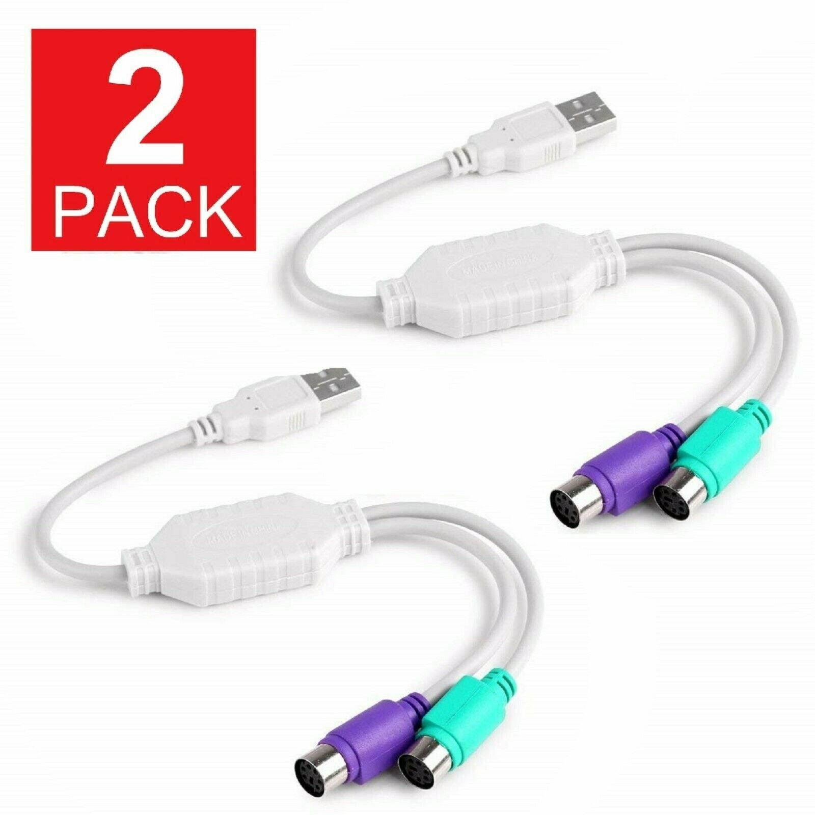 2-Pack Dual PS2 Female to USB Male Converter Adapter Cable for Mouse Keyboard