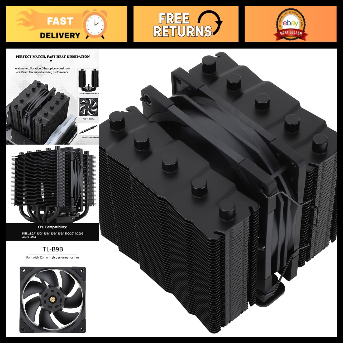 High-Performance CPU Cooler Dual Tower, 5 Heat Pipes, 110MM Fan, AMD/Intel Compa