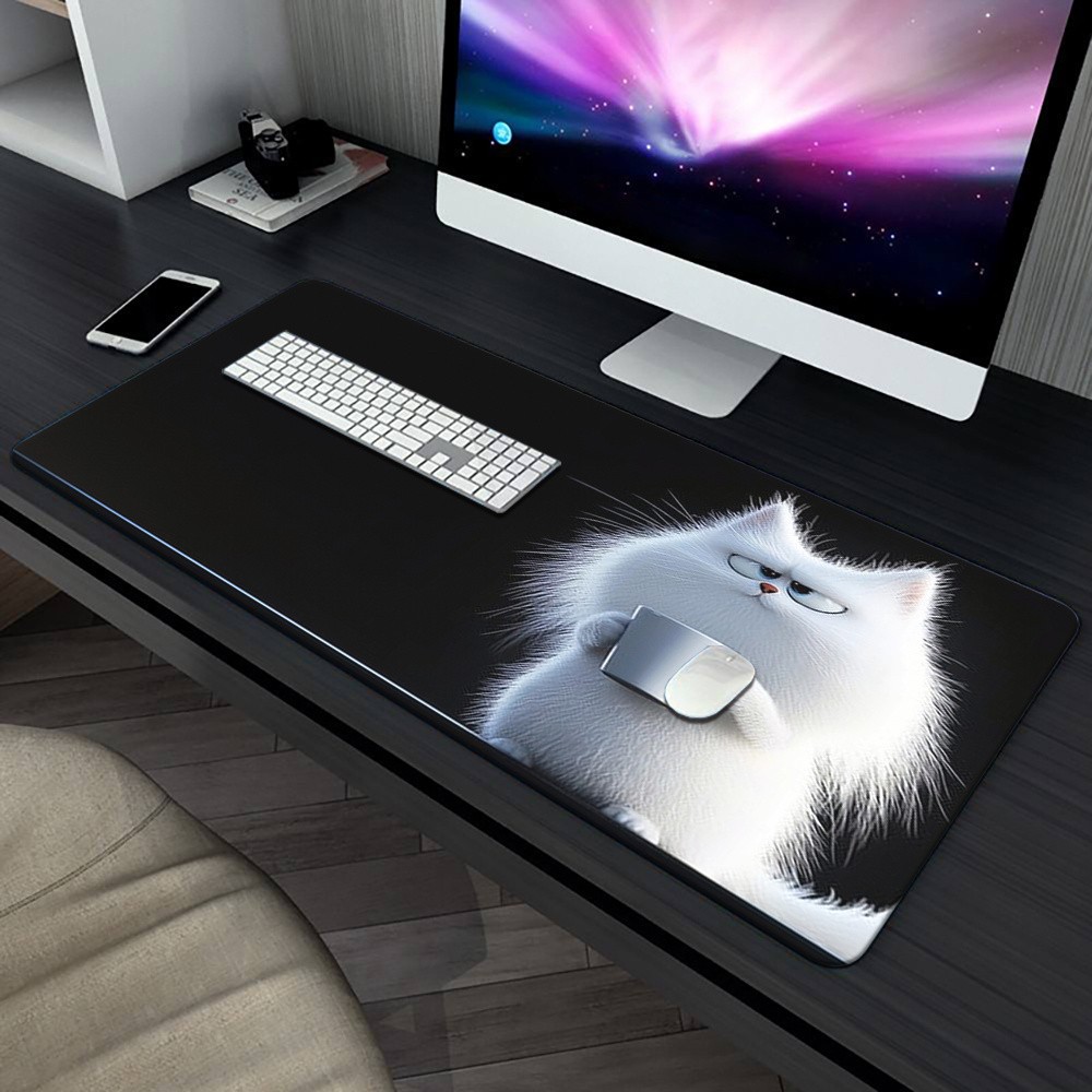 XXL Cute White Cat HD Printed Desk Mat - Non-Slip, Washable Gaming Mousepad fo