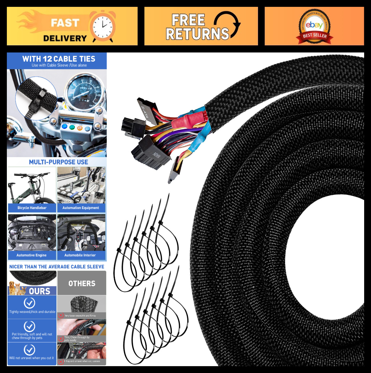 Automotive Cable Management Sleeve - Heat Resistant Wire Loom, 18FT, No Chew Pet