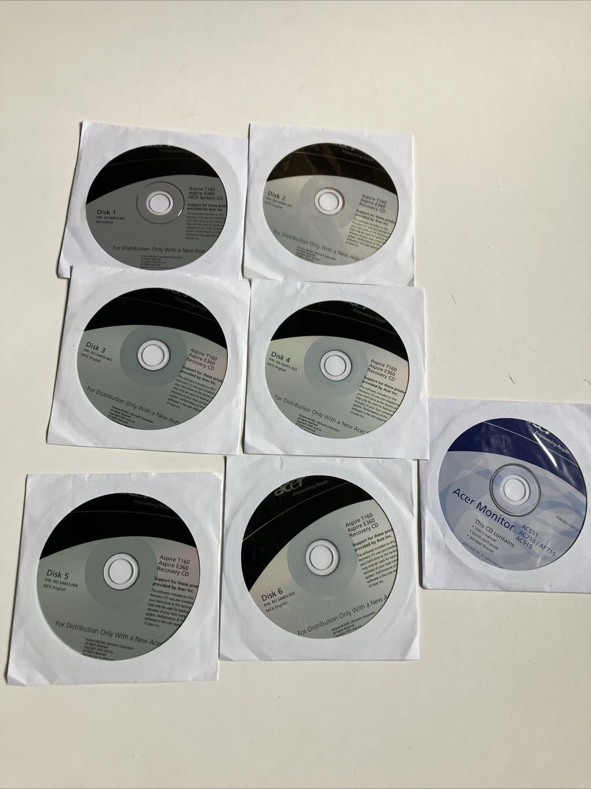 Acer Recovery MCE System 6 CD Boot Set for Aspire T160 & E360