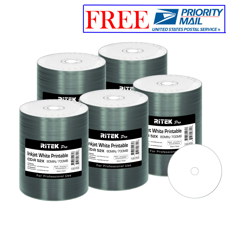 500 Pack Ritek Pro CD-R 52X 700MB White Inkjet Hub Printable Blank Media Disc