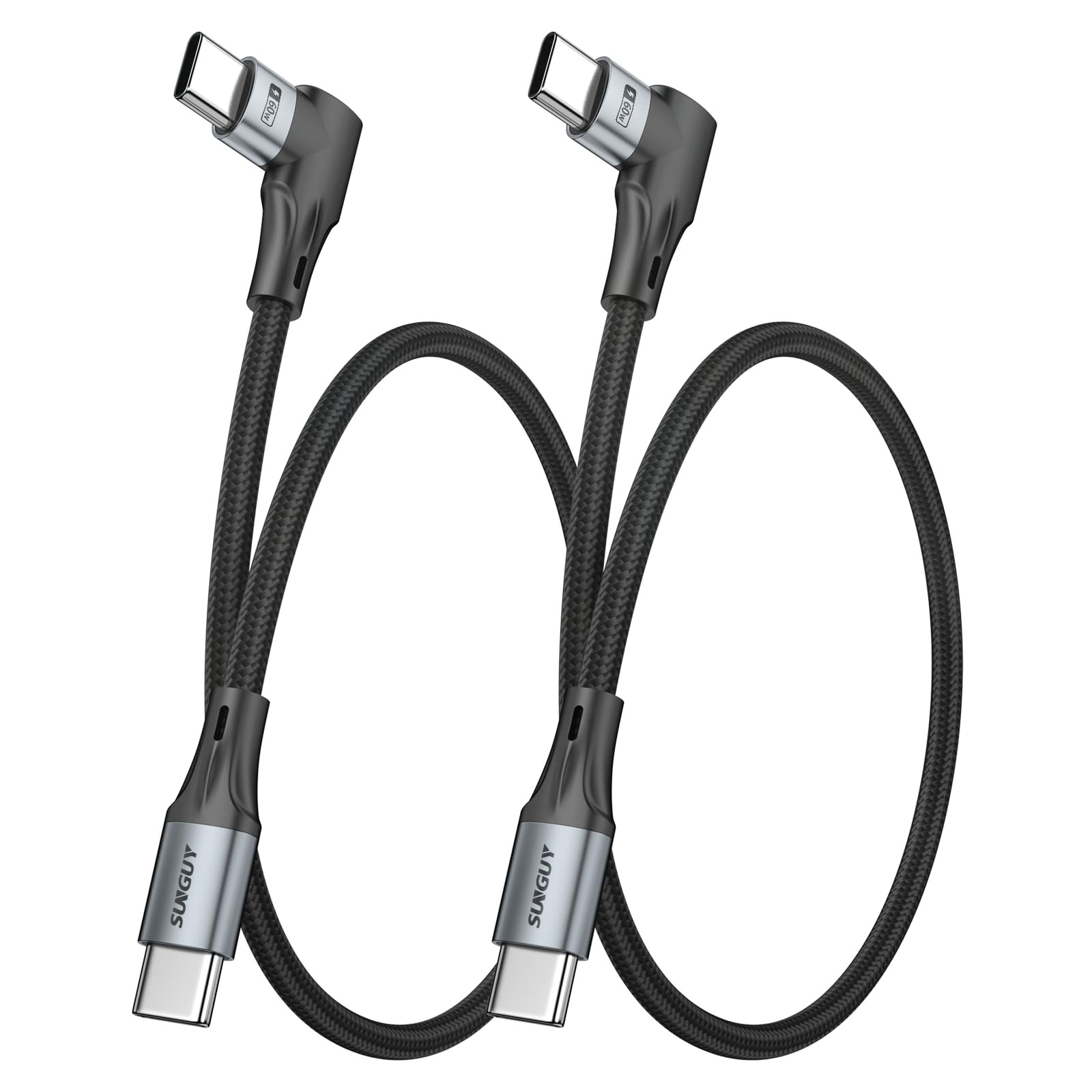 SUNGUY Right Angle USB C to C Cable [1FT 2-Pack], for Thick 1FT, Grey