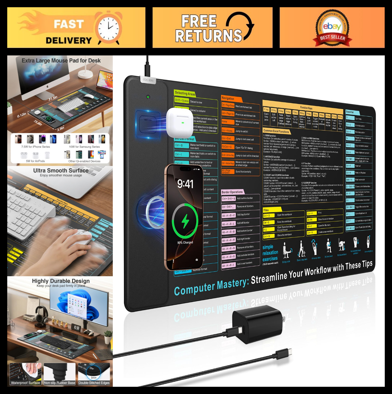 Large Wireless Charging Mouse Pad with Excel Shortcuts, 31.5"x15.8" Desk Mat