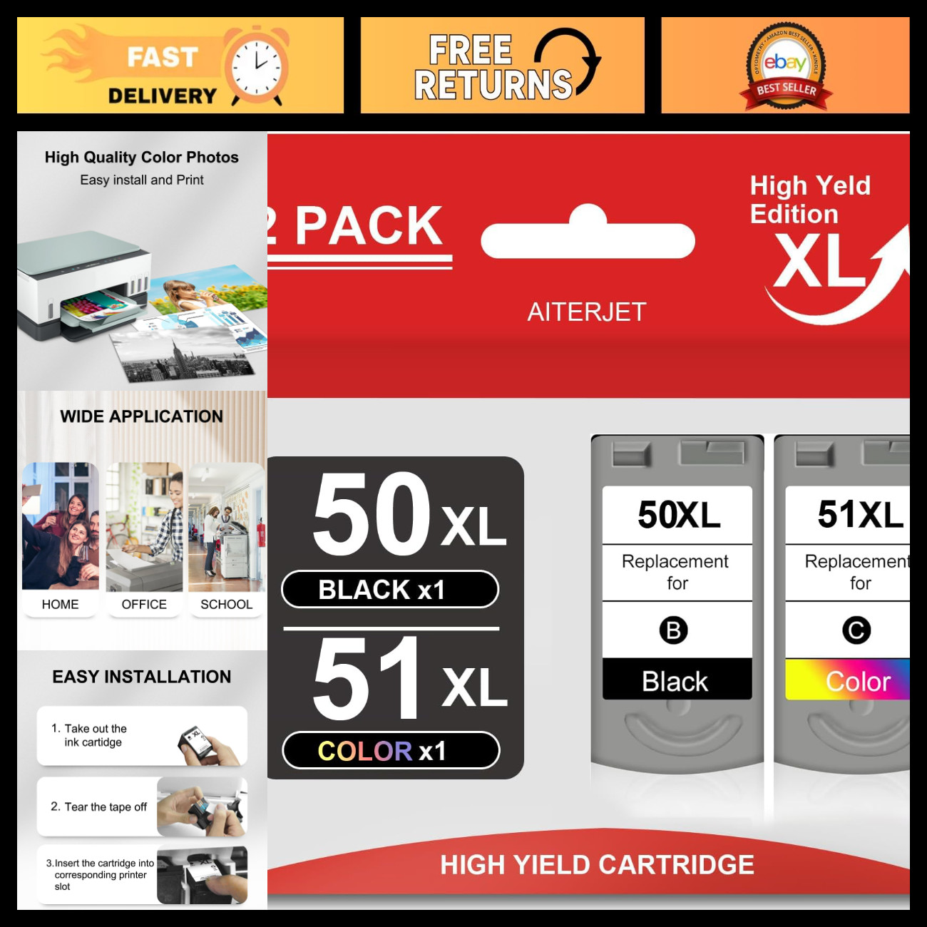 High Yield Ink Cartridge Replacement for Canon PG-50 CL-51, 2 Pack, Black & Colo
