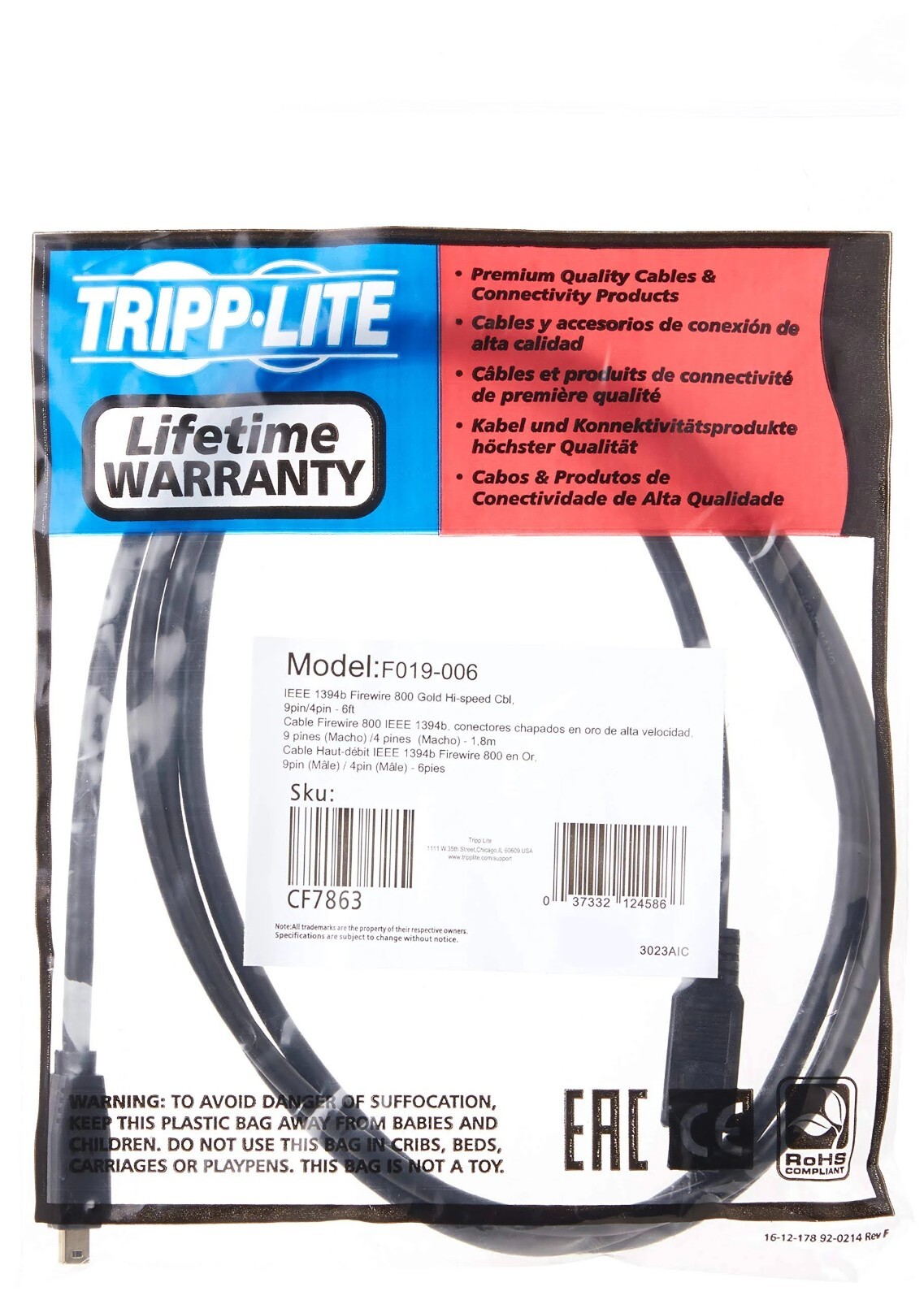 Tripp Lite Fire Wire Cable Model F019-006 9pin/6pin 6 ft.