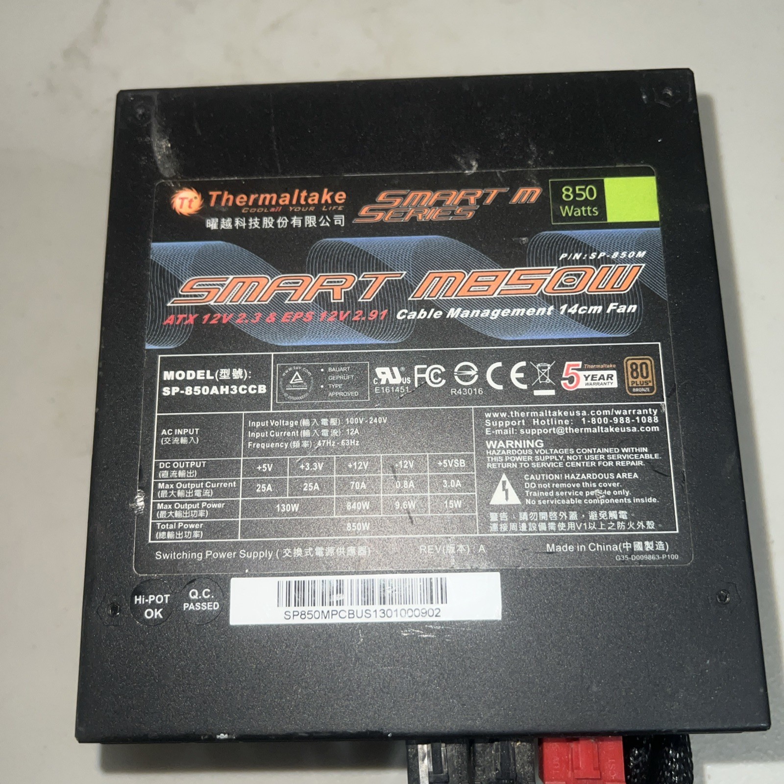 Thermaltake Smart M850W 80 Plus Bronze Power Supply SP-850AH3CCB-SP-850M
