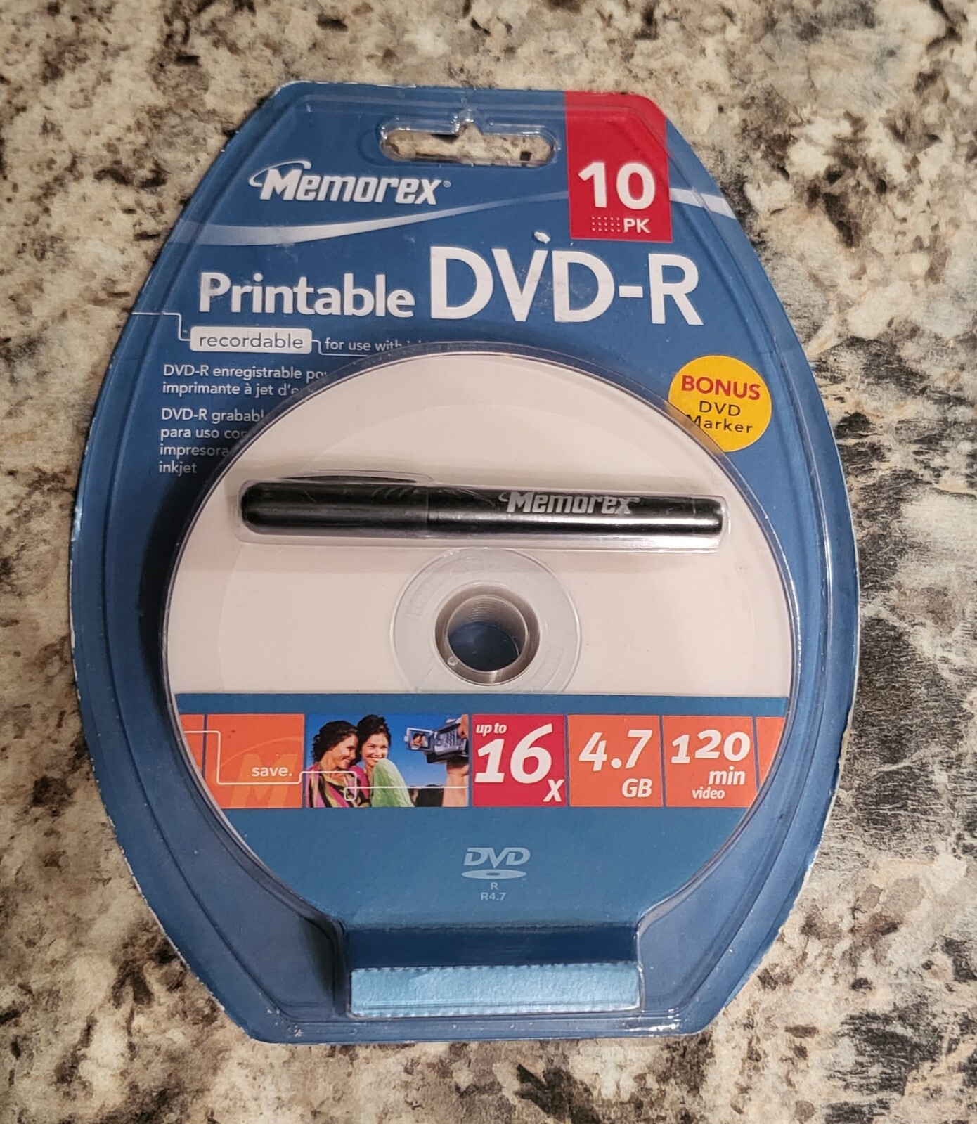 10-pk Memorex White Inkjet Hub Printable DVD-R; 16x 4.7GB 120m w/ Bonus Marker