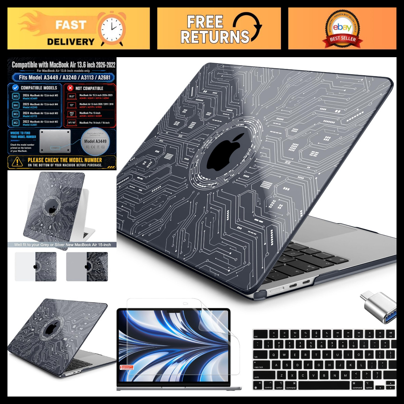 AstroGrid Case for MacBook Air 13.6" M2-M5 Chip, Durable Circuit Board Design