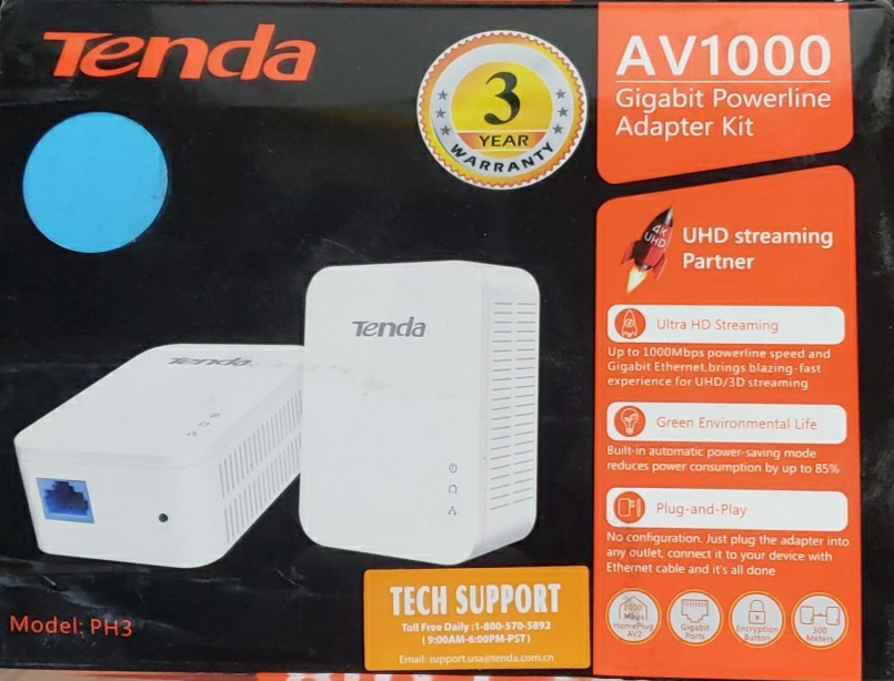 Tenda PH3 AV1000 Powerline Ethernet Adapter 1000Mbps with Gigabit Port/Sealed