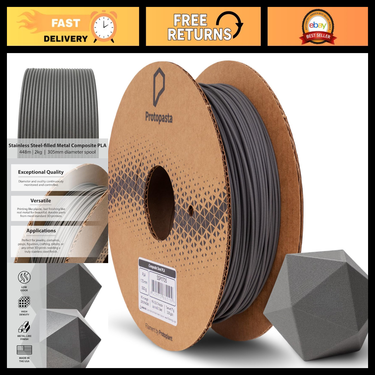 Stainless Steel Filled PLA 3D Printer Filament - Metal Composite, 500g Spool, Po