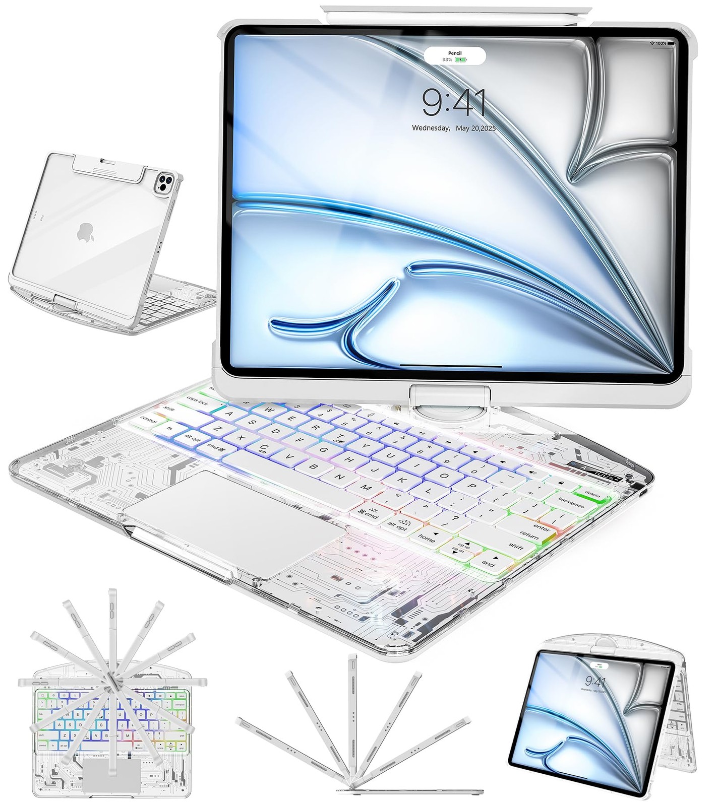 Clear Keyboard Case for iPad Air 13 Inch 7-Color Backlit Keyboard with  White