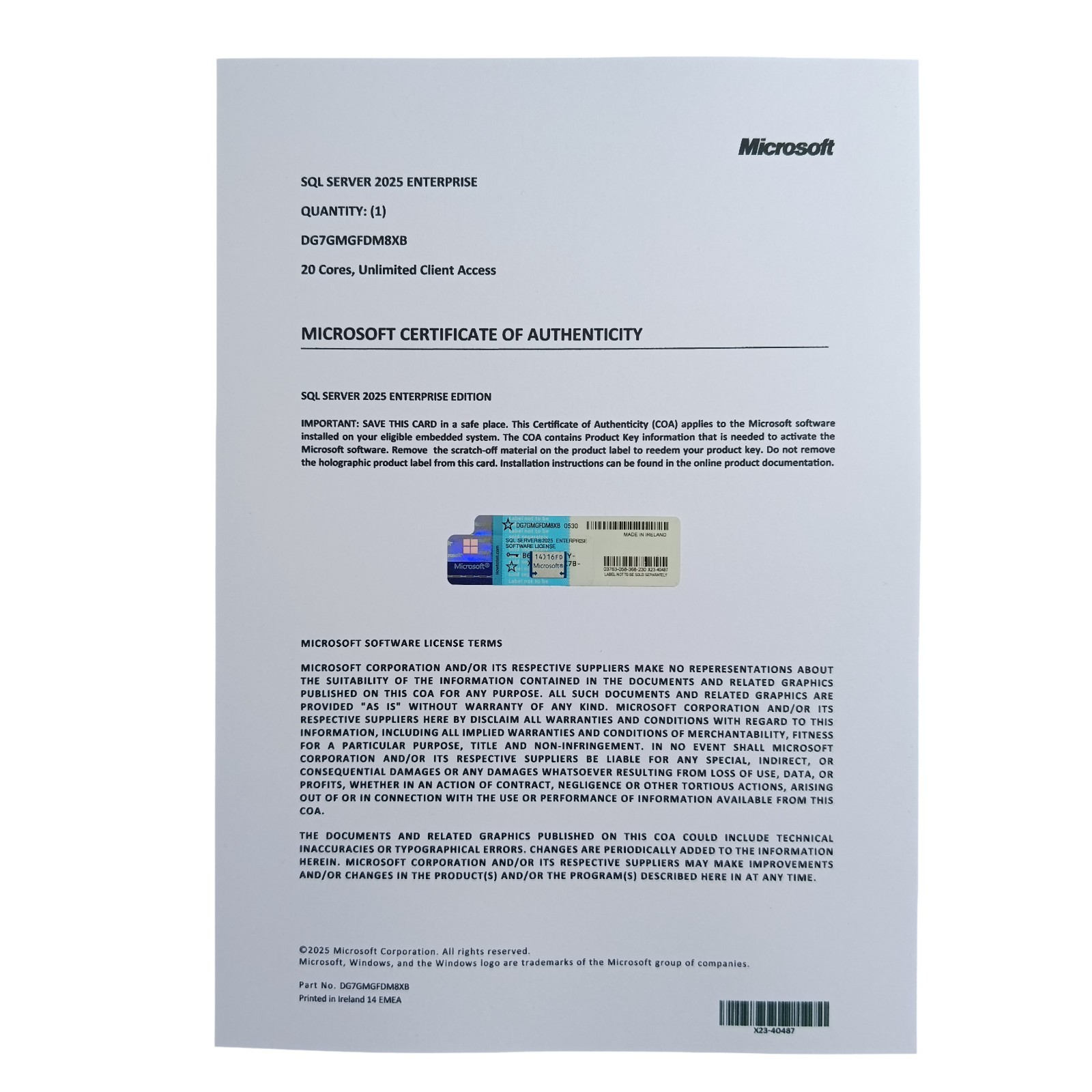 SQL Server 2025 Enterprise 20 Core Unlimited CALs Retail License