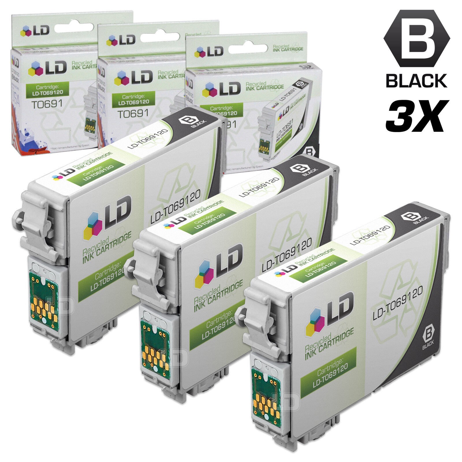 LD Reman Replacement T069120 for Epson T069 69 Set of 3 Black Inkjet Cartridges