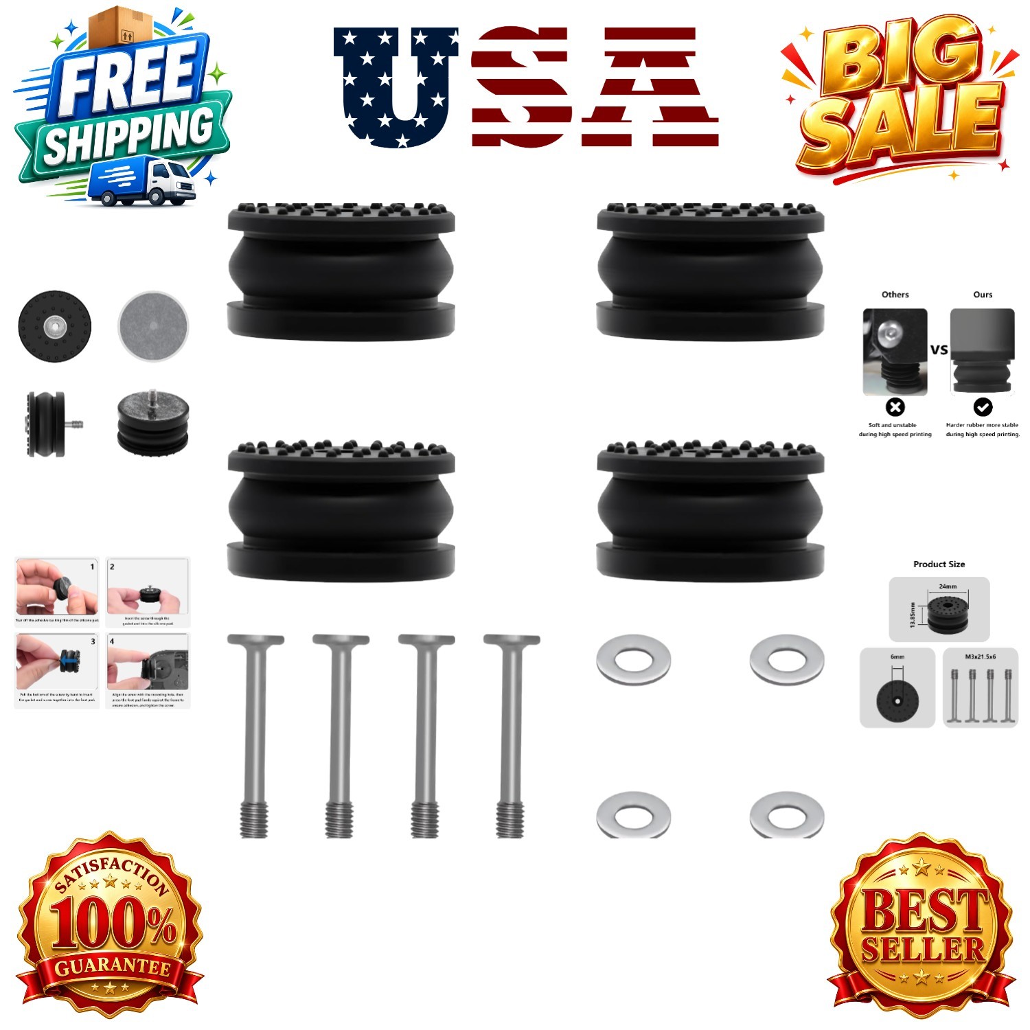 4PCS Anti-Vibration Feet Kit for Bambu Lab H2 Series, 3D Printer Parts Upgrad...