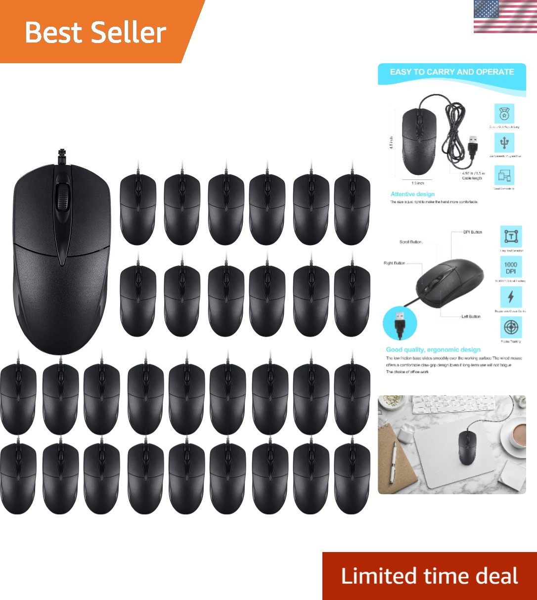 Complete PC Must-Have: 60-Pack Wired USB Mice with 1000 DPI & Ergonomic Design