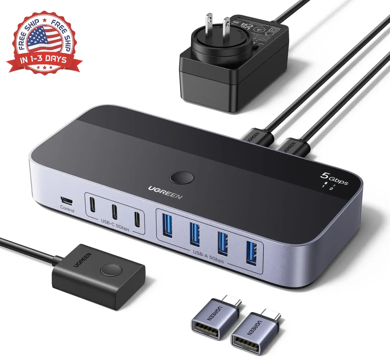 2-in 7-Out USB 3.0 Switch, USB Switcher for 2 Computers Sharing USB A & C Device
