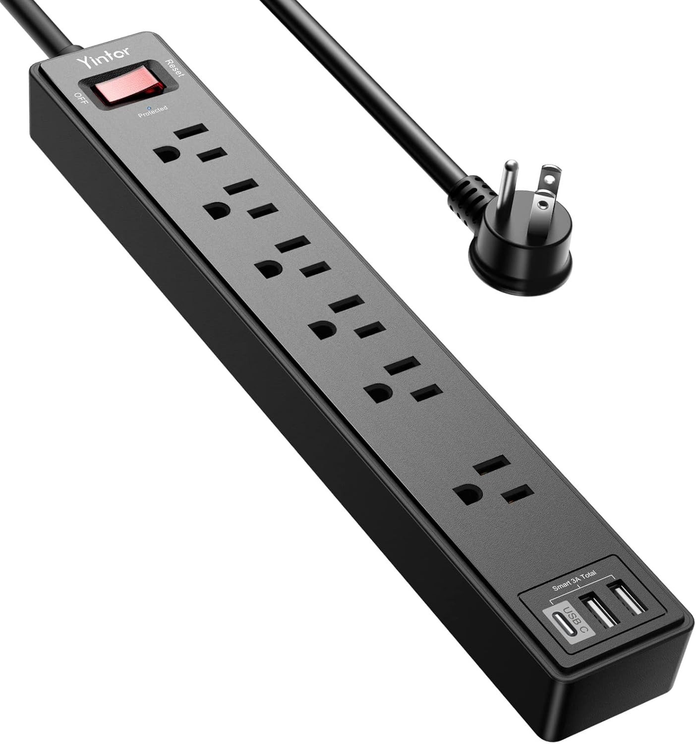 Surge Protector Power Strip 6 Outlets 3 USB Ports 6Ft Cord Black