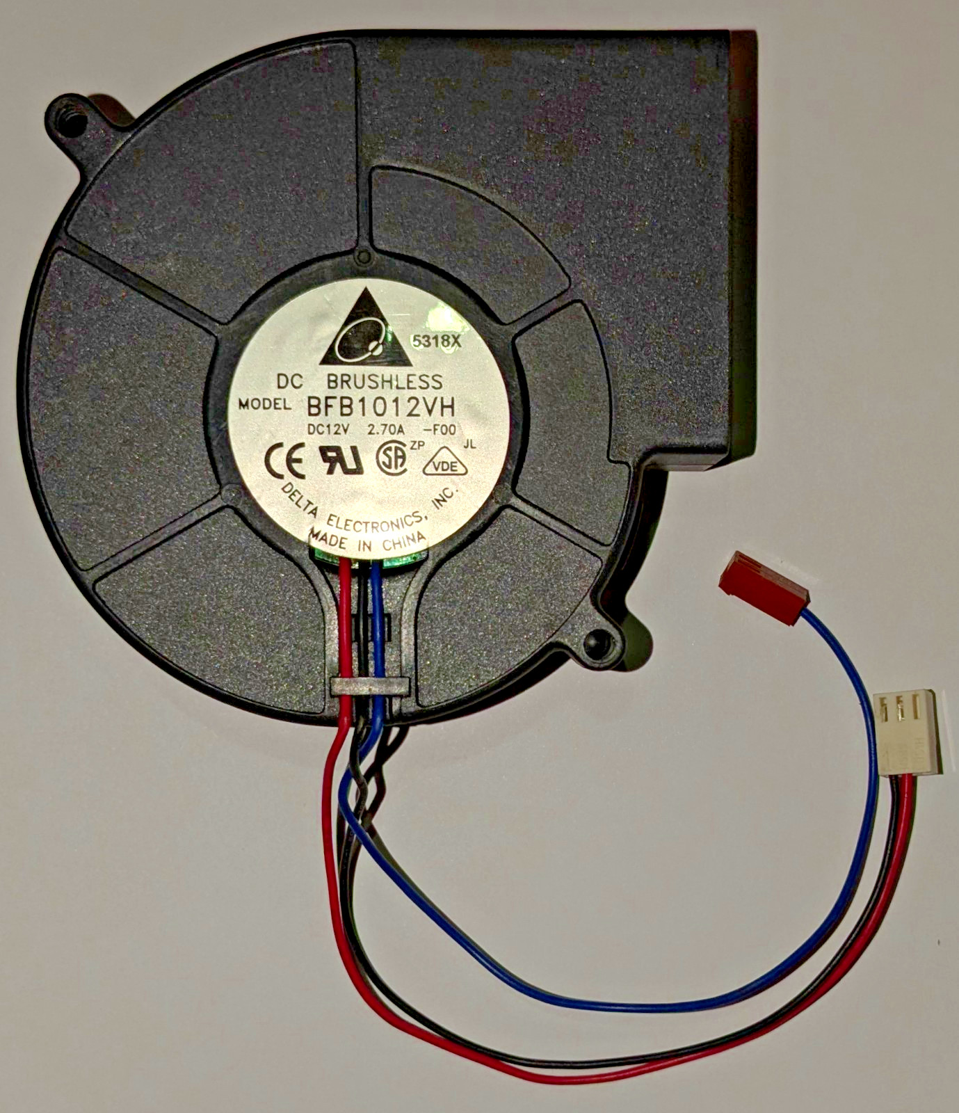 Delta Blower Fan - 12 V DC - 97 x 94 mm - 4500 RPM - BFB1012VH 2 Plug Short Wire