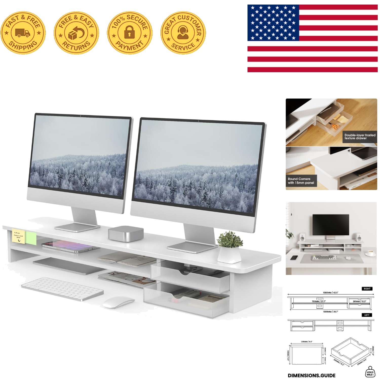 42.5-Inch Dual Monitor Riser with Drawer - Elegant Wood & Acrylic Organizer