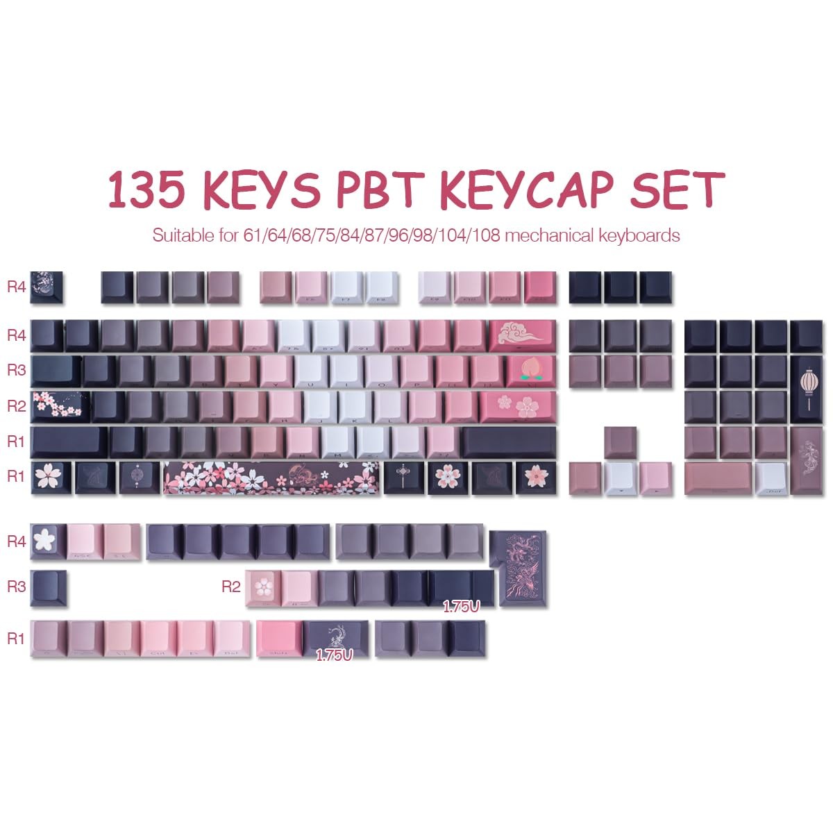 PBT Keycaps 135 Keys Double Shot Side Engraved Backlit For Cherry MX Switch
