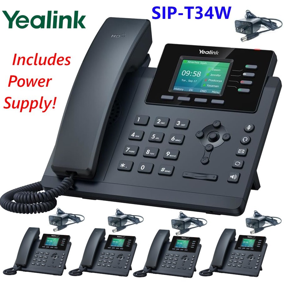 5 Pack Yealink SIP-T34W-PWR Entry Level IP Phone w/ Power Supply SIP-T34W 4 VoIP