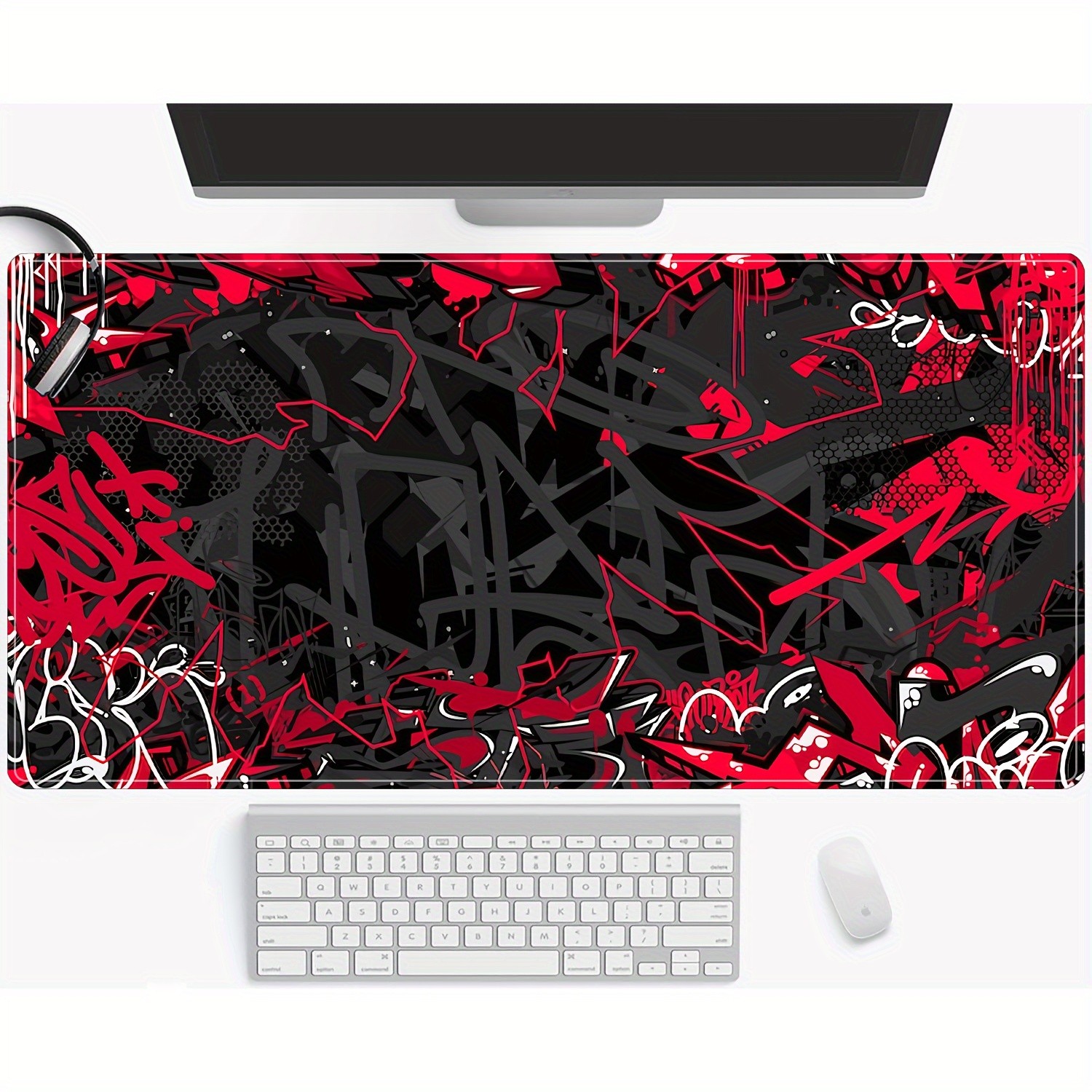 Large Edgy Red And Black Abstract Graffiti Mouse Pad, Extended Gaming Mat with