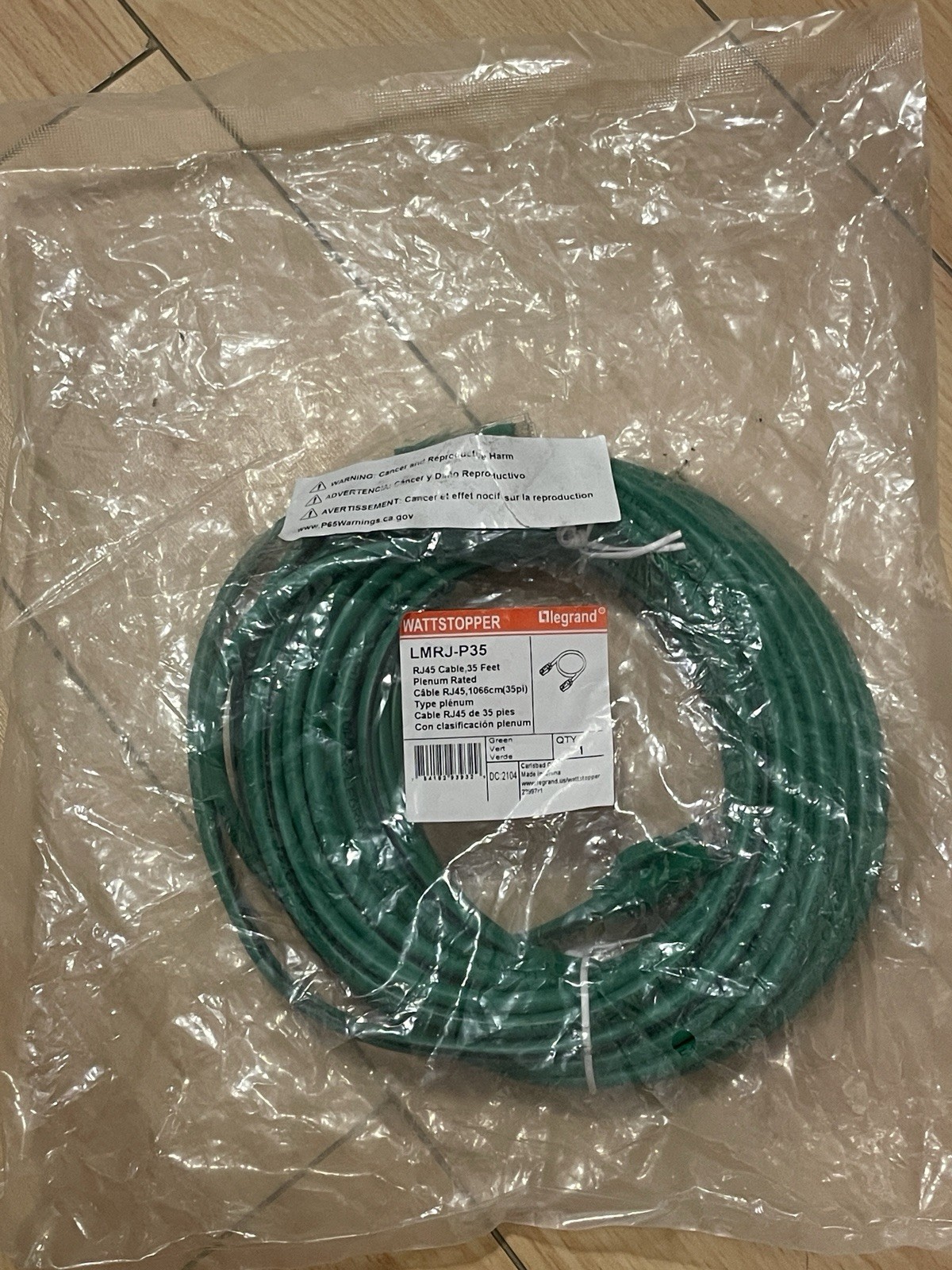 Legrand Wattstopper LMRJ-P35 35 Ft RJ45 Cable Plenum Rated Green