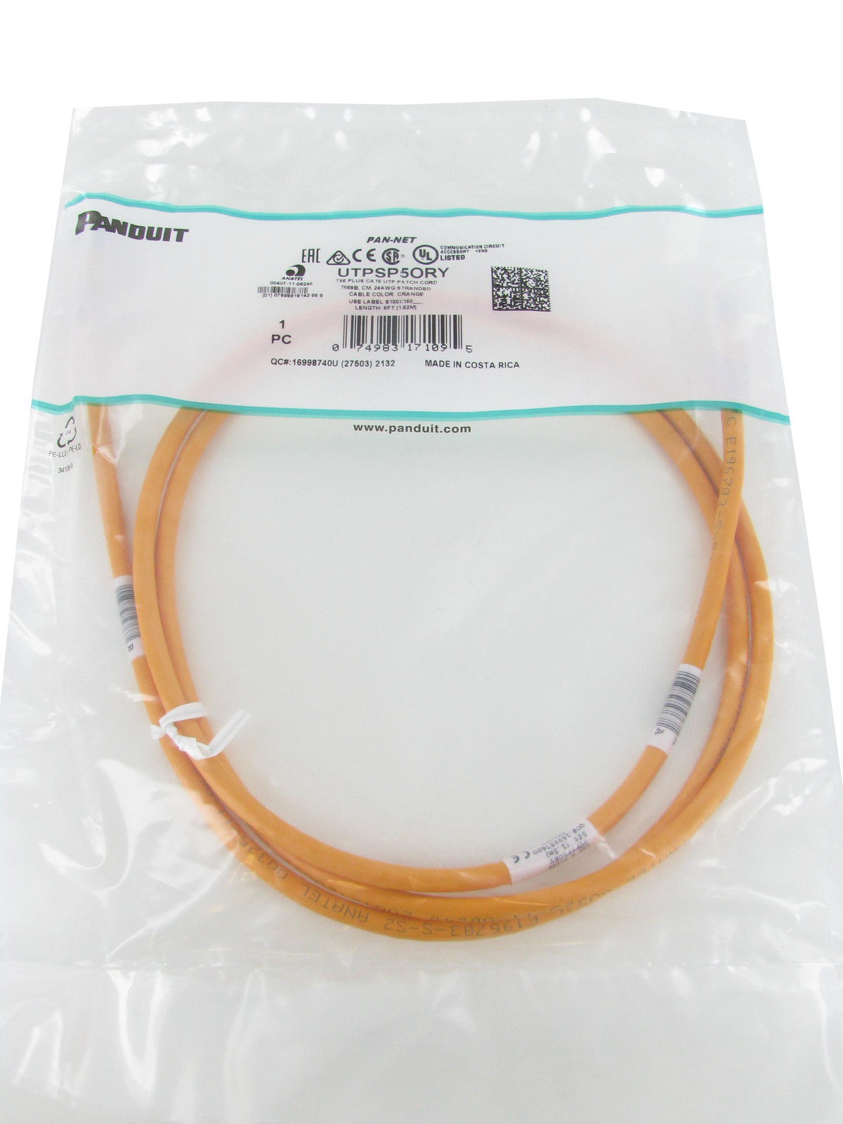 Panduit UTPSP5ORY Cat6 Network Modular Patch Cable/Cord, 5 Ft Orange ~STSI