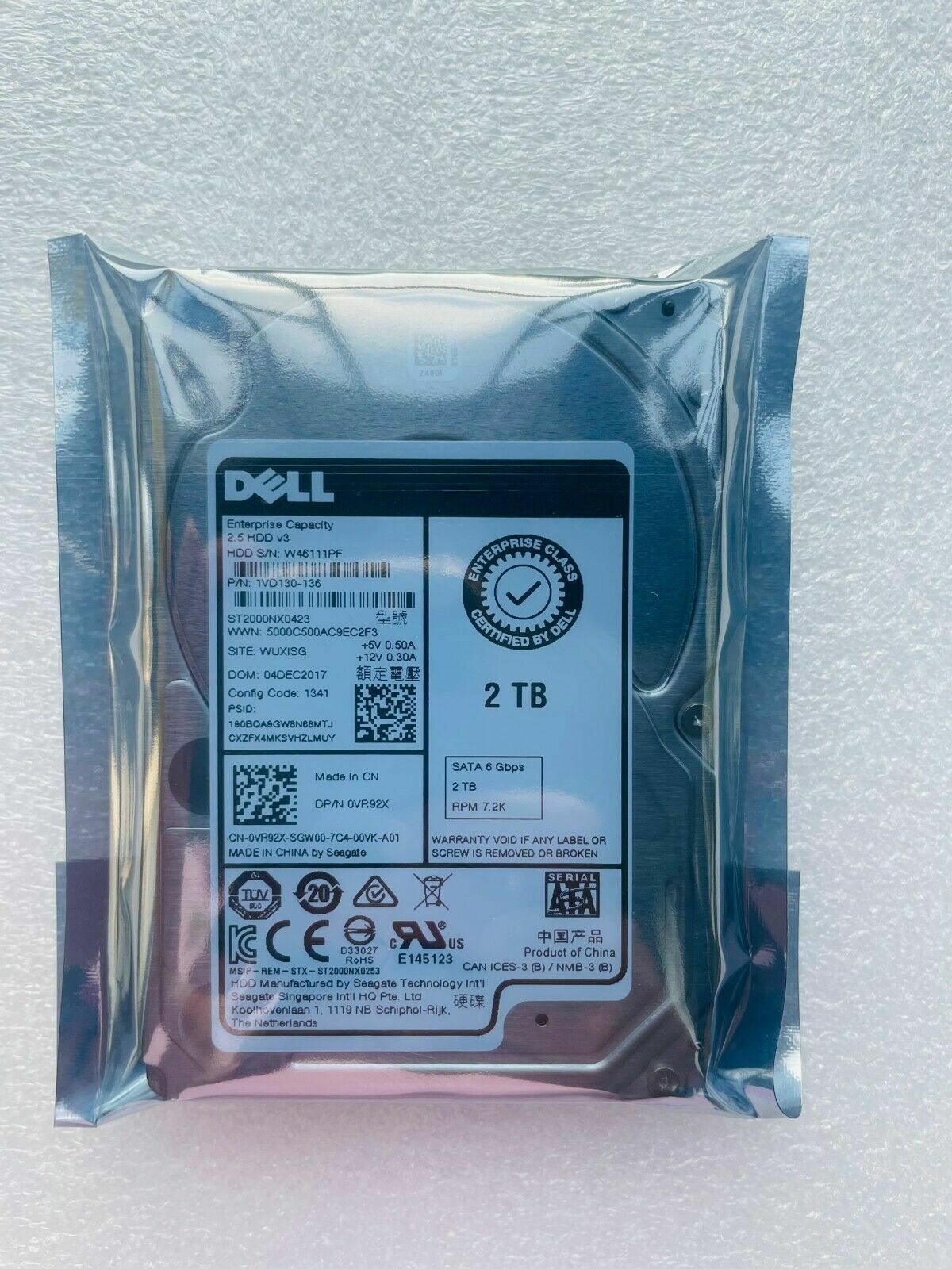 DELL 0VR92X 2TB HDD 7.2K RPM 2.5" 6Gb/s SATA Model: ST2000NX0423 DP/N: VR92X