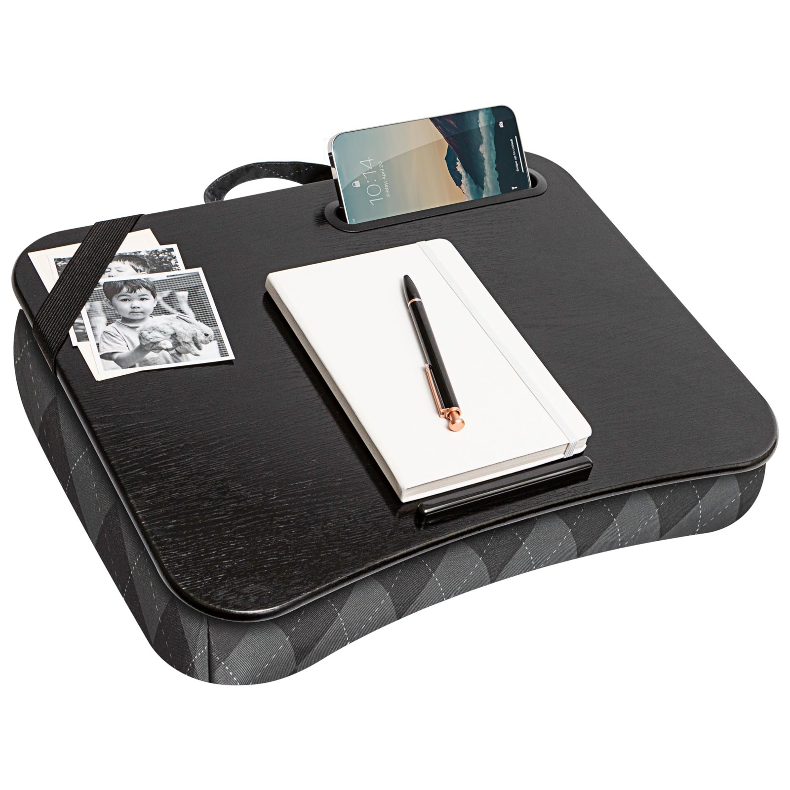 Portable Lap Desk For 15.6 Inch Laptops With Cushion And Phone Slot Gray Argyle
