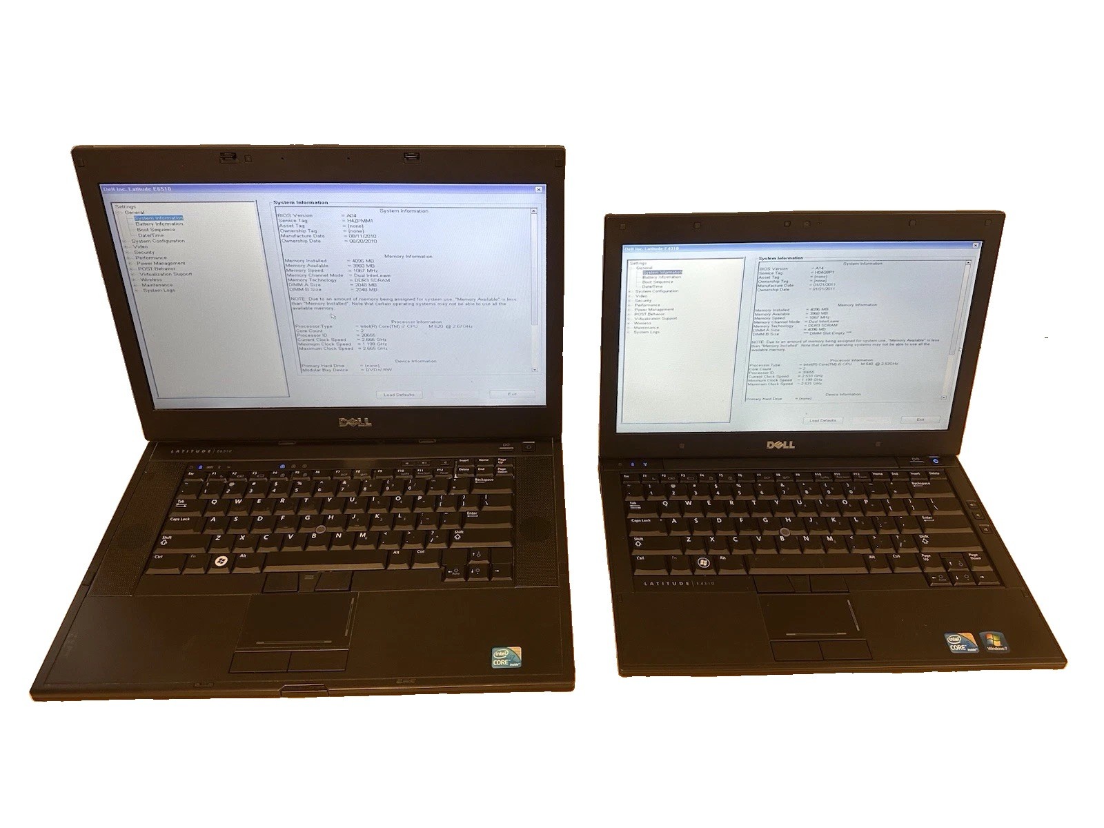 LOT 2x Dell Latitude E6510 / E4310 Intel i5 i7, 4GB RAM *NO HDD* - BOOT TO BIOS