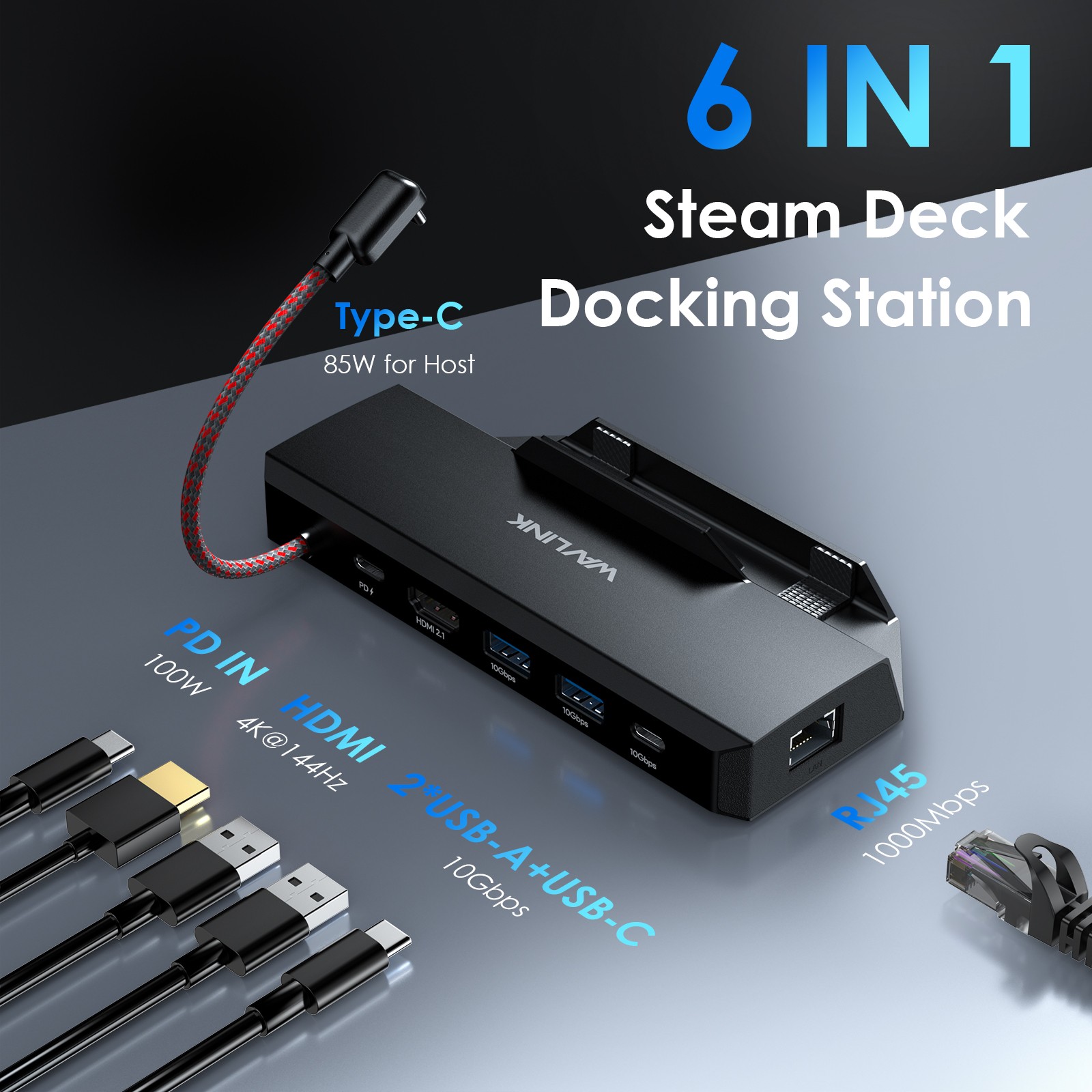 Wavlink 6-in-1 Docking Station for Steam Deck/ROG Ally HDMI2.1 4K@144Hz,3 USB3.2