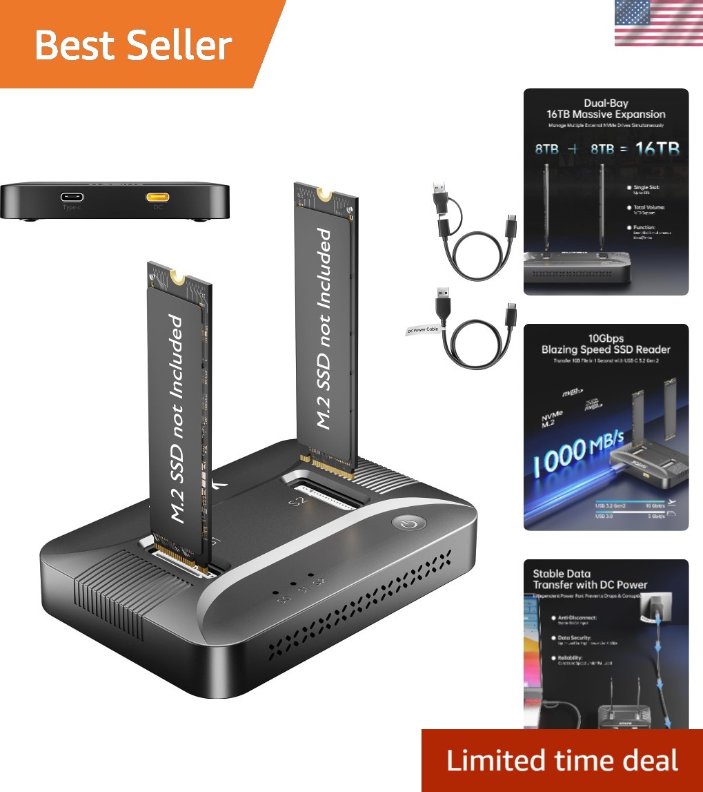 Tool-Free Dual-Bay NVMe M.2 SSD Reader Dock 10Gbps 16TB Expansion