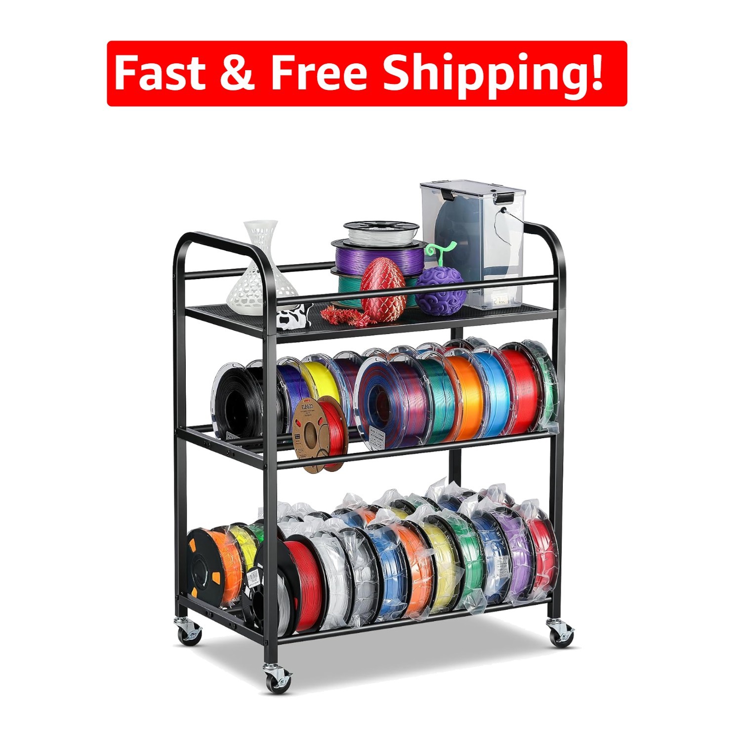 3D Printer Filament Storage Rack - 3-Tier Heavy-Duty with Rolling Wheels, Black
