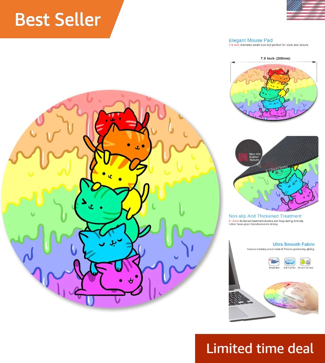Cute Round Cat Mouse Pad - 7.9 Inches, Waterproof Non-Slip for Home Office