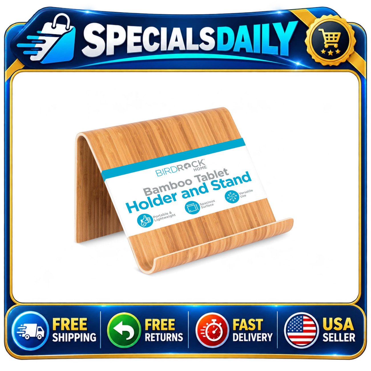 Natural Bamboo Tablet Holder & Stand - E-Readers, Smartphones, Cookbooks, Portab